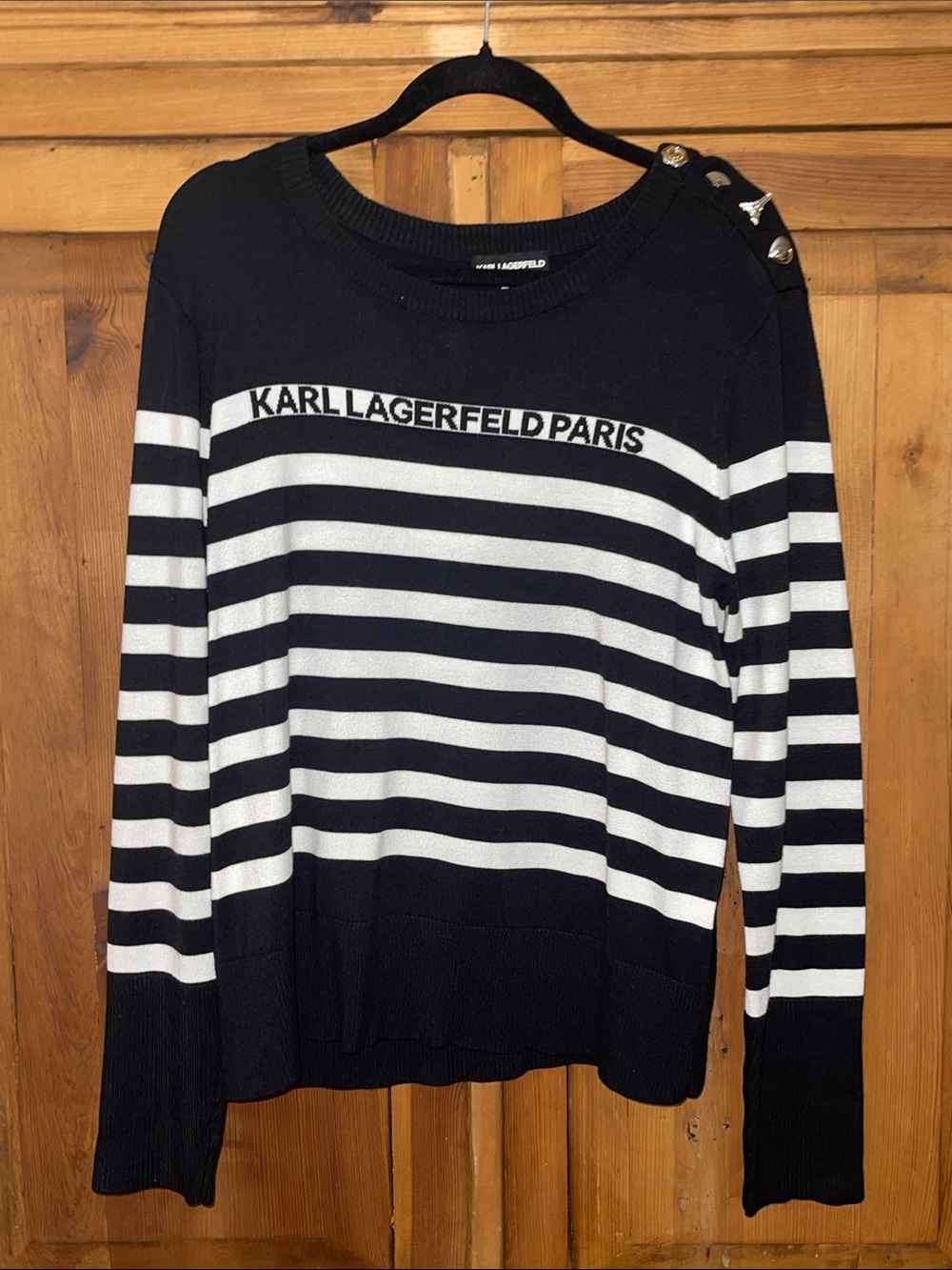 KARL LAGERFELD B/W Striped Sweater Sz. L - Picture 3 of 16
